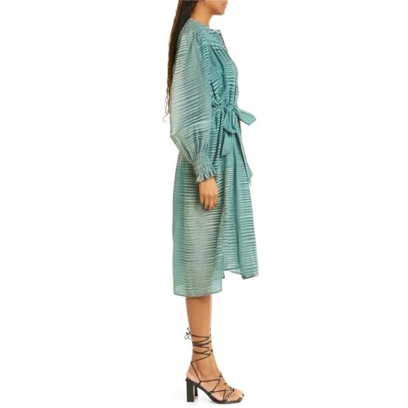 Ulla Johnson Teal Fiora Piplin Cotton Striped Long Sleeve Midi Dress 8 - Picture 5 of 13
